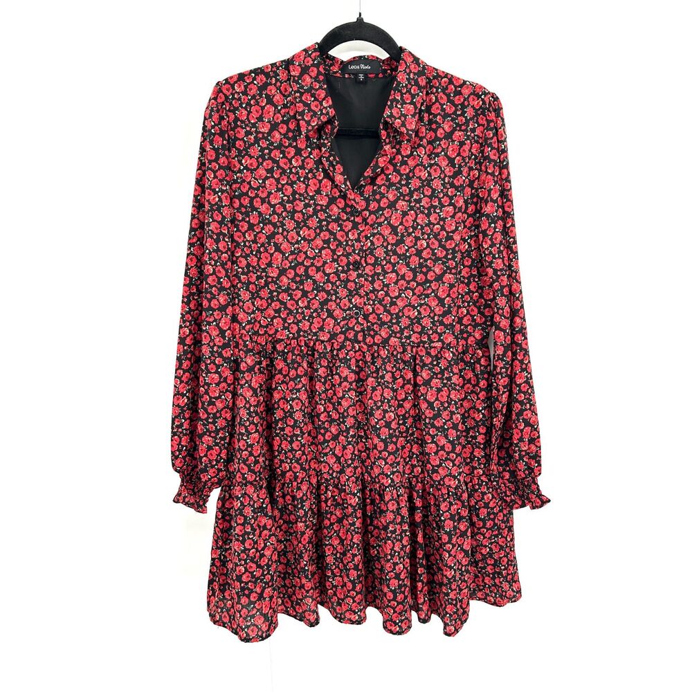 LEA & VIOLA Black Red Rose Floral Long Sleeve Tiered Light Shift Dress Small
